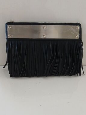 Fringed Zip Clutch with Silver Plate - Black NWT